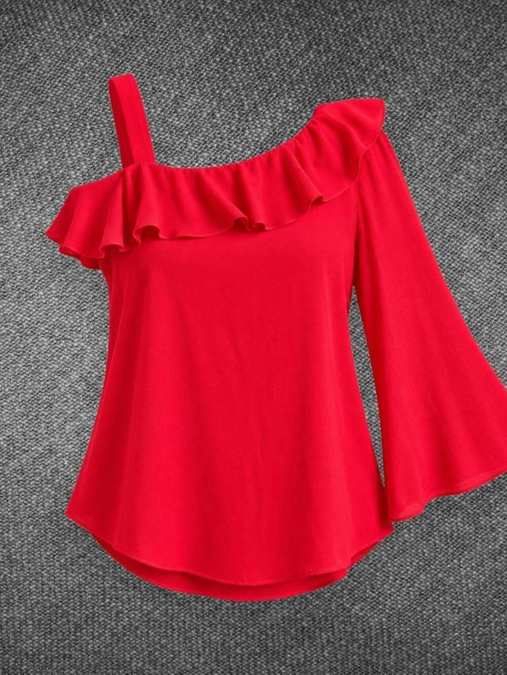 Sami & Jo Red One Shoulder Ruffle Bell Sleeve Top S
